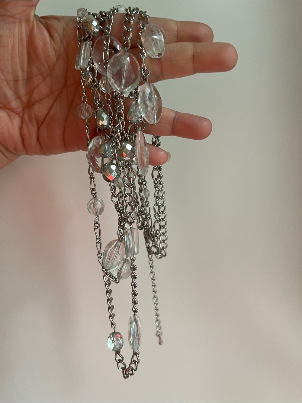 Crystal like bead Drop Multi-Strand Necklace - Clear Silver - Picture 2 of 3